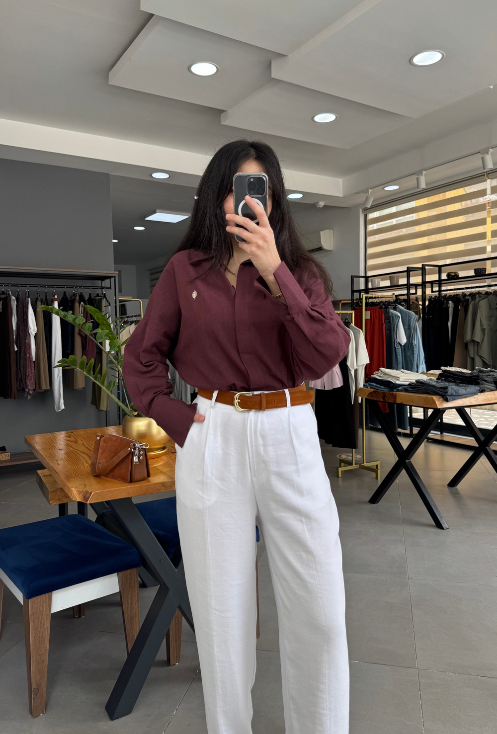 Bordo Keten Oversize Gömlek 