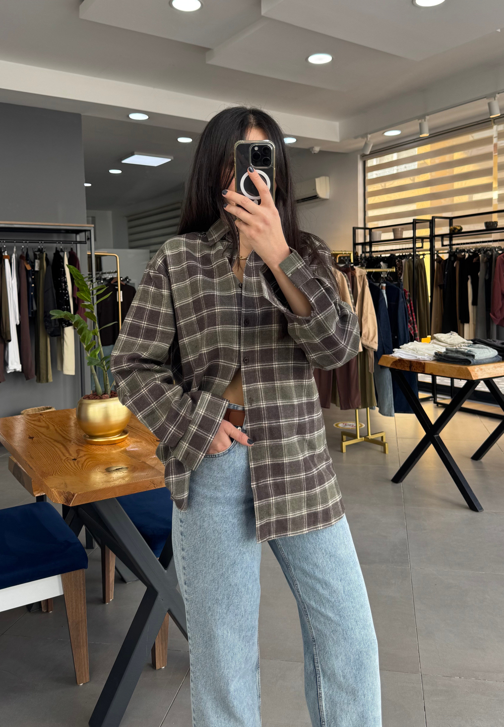 Ekoseli Oversize Haki Gömlek