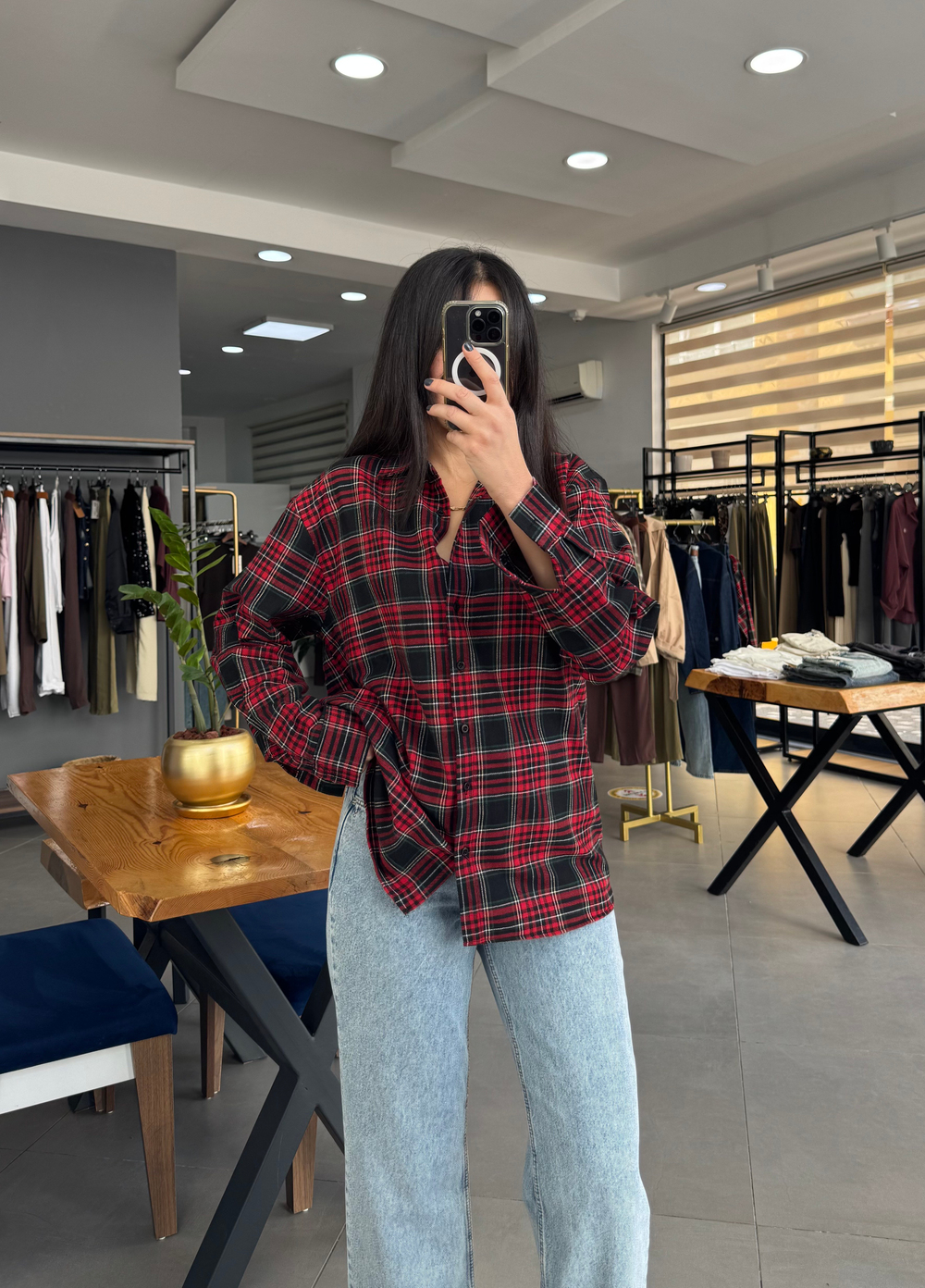 Ekoseli Oversize Kırmızı Gömlek