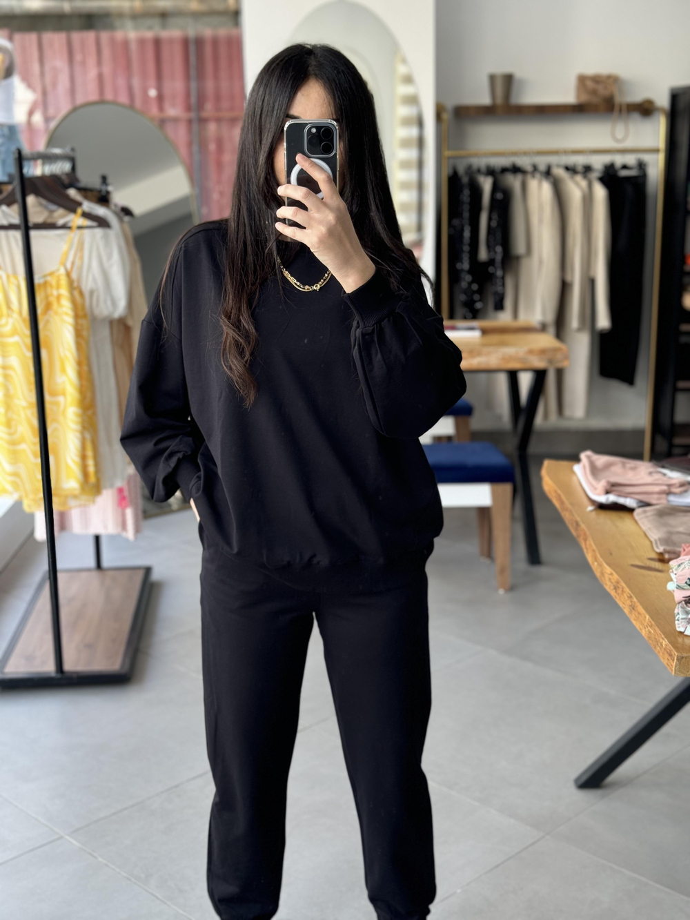 İki İplik Oversize Siyah Sweat Takım