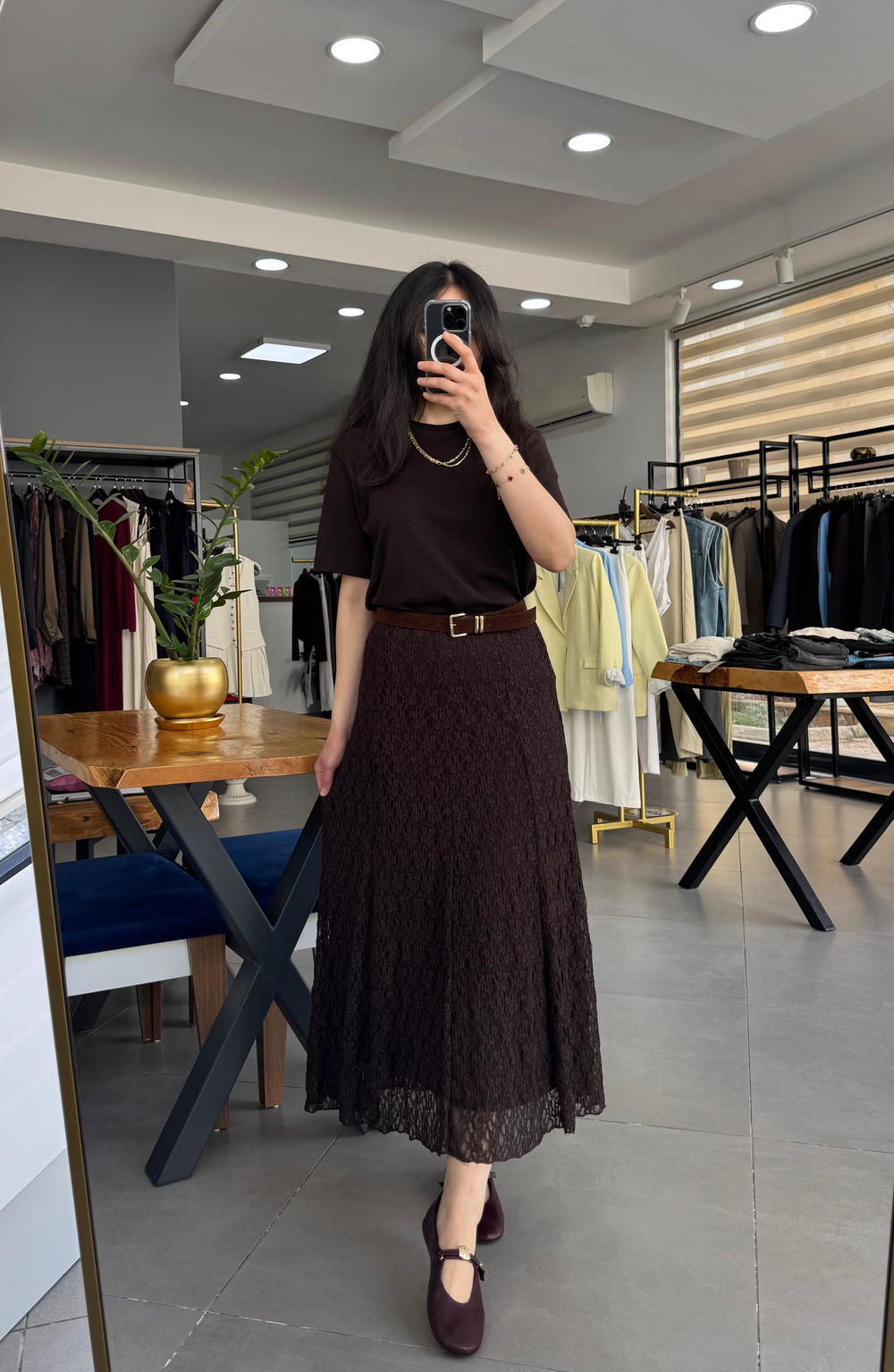 Kahve Uzun Astarlı Bel Lastik Detay Dantel Midi Etek