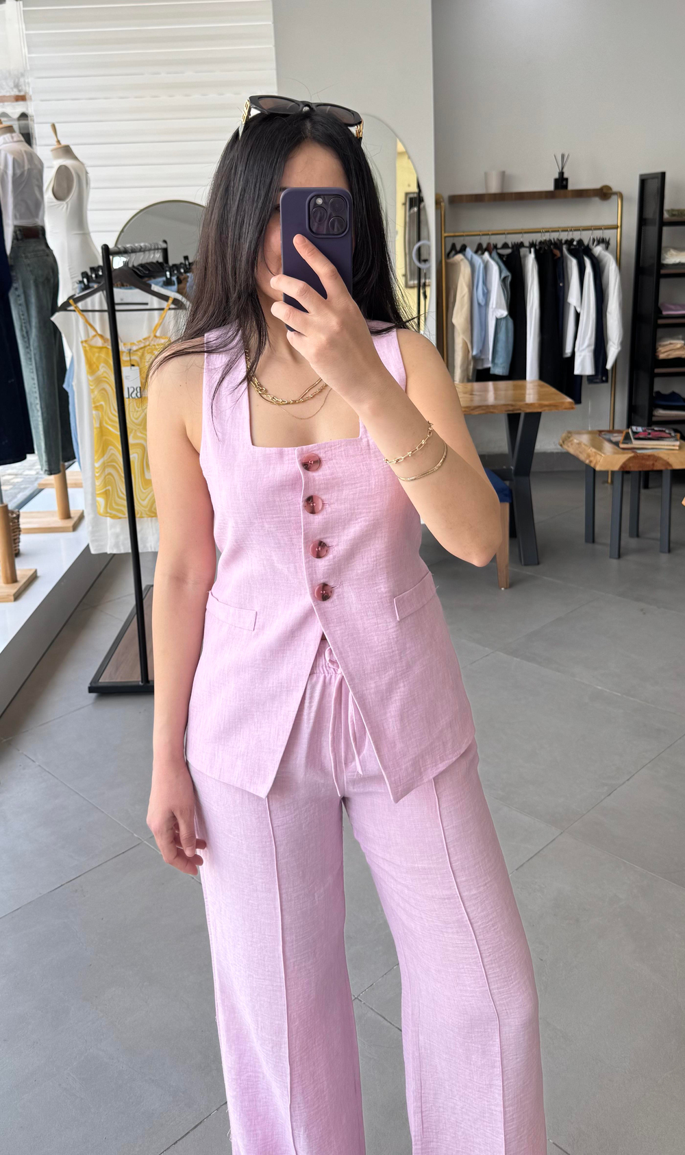 Kare Yaka Yelek Palazzo Pembe Takım