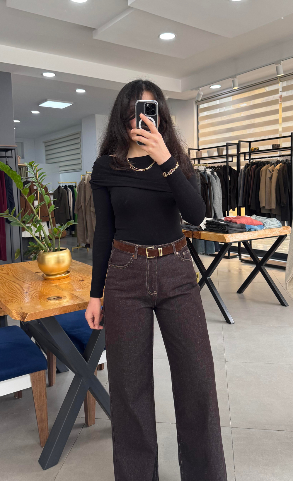 Kendinden Kemerli Acı Kahve Geniş Paça Denim Pantolon