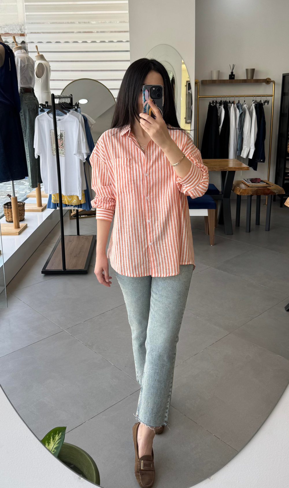 Keten Çizgili Oversize Oranj Gömlek