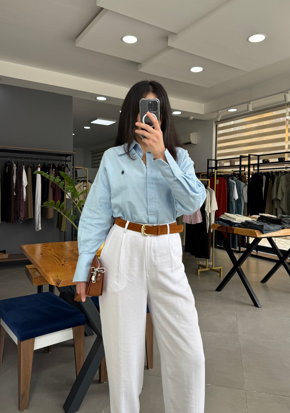 Mavi Keten Oversize Gömlek 