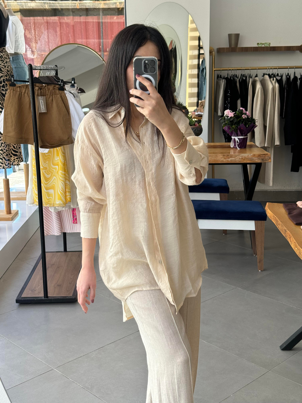 Oversize Ekru Tunik Gömlek