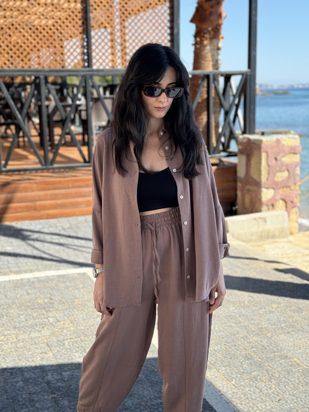 Oversize Gömlek Havuç Kesim Pantolon Vizon Takım
