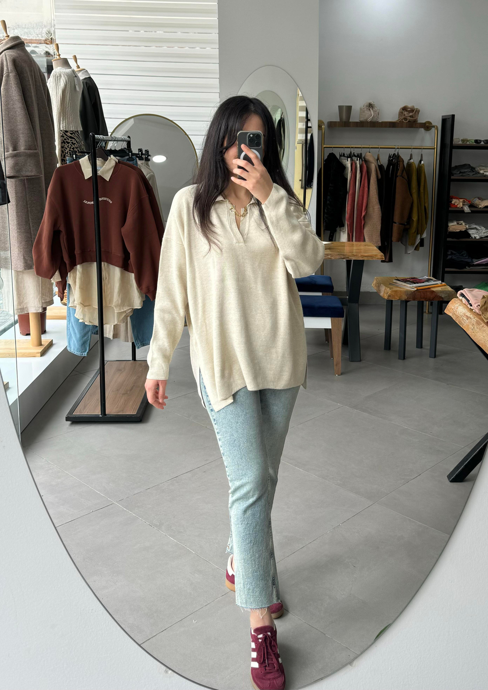 Polo Yaka Oversize Ekru Triko Kazak