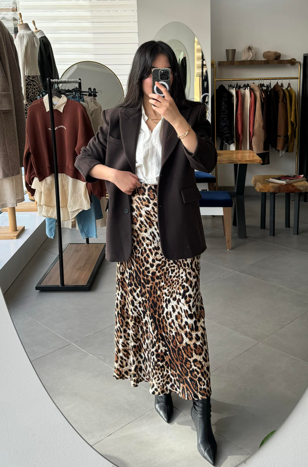 Saten Leopar Maksi Etek