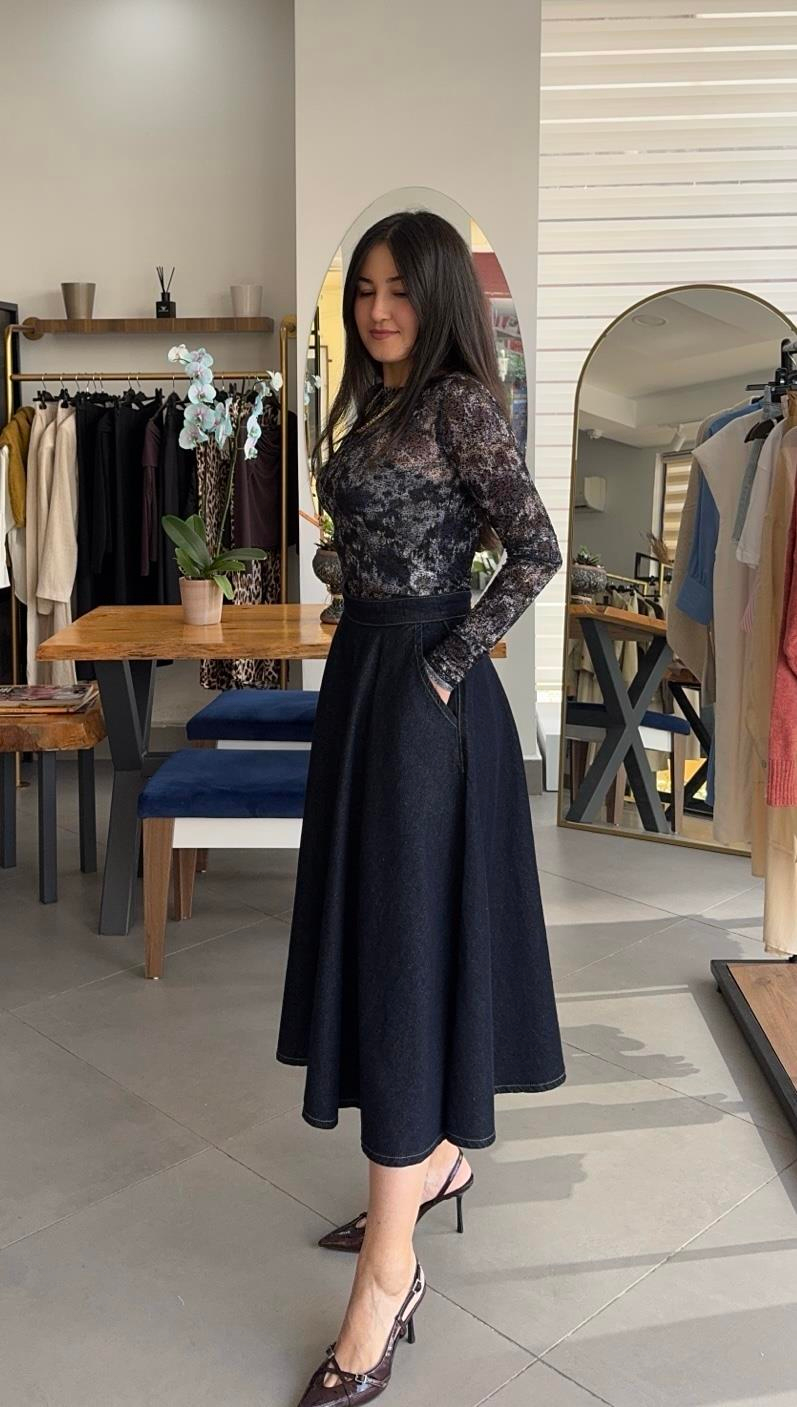 Volanlı Lacivert Midi Denim Etek