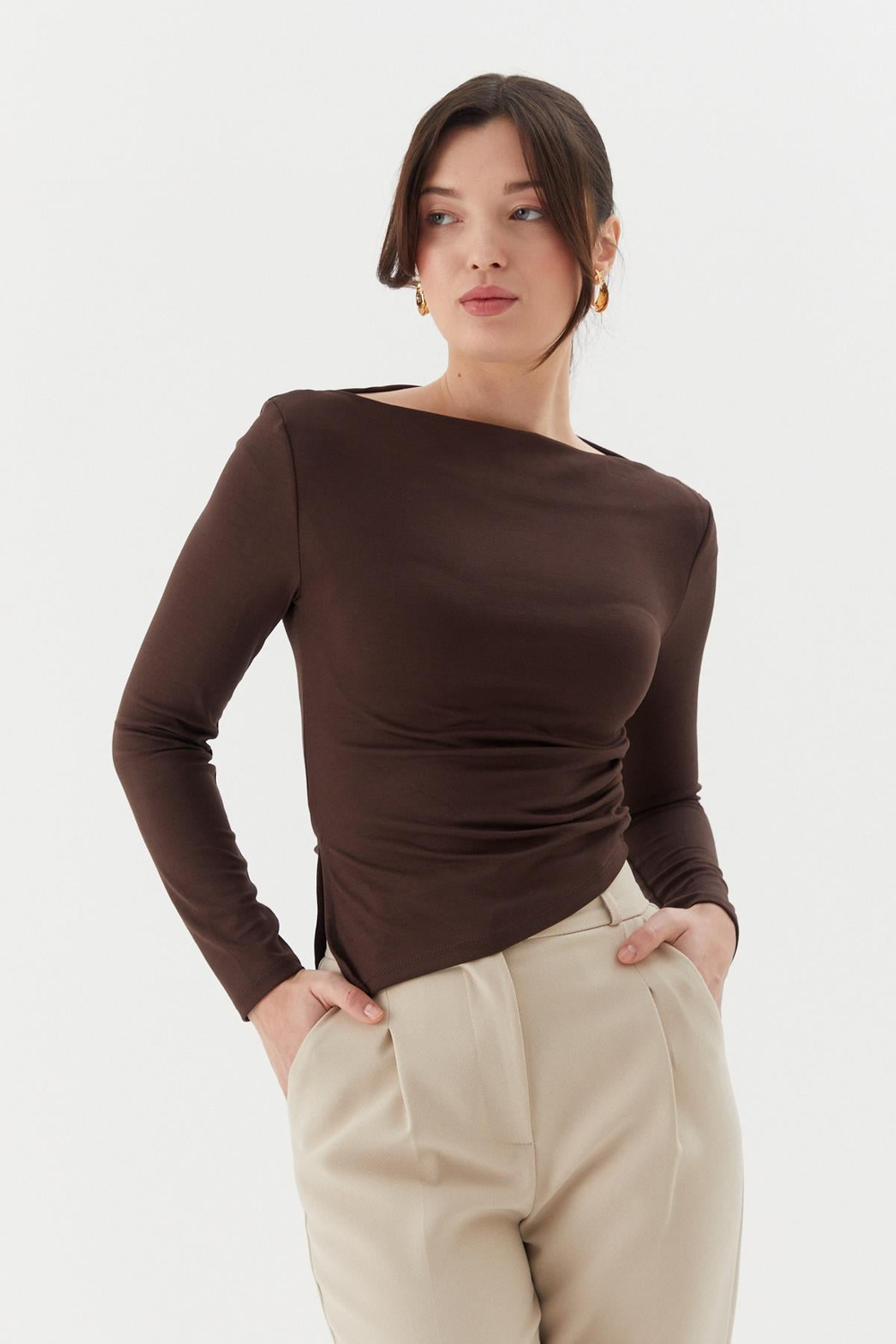 Asimetrik Kesim Kayık Yaka Body KAHVE