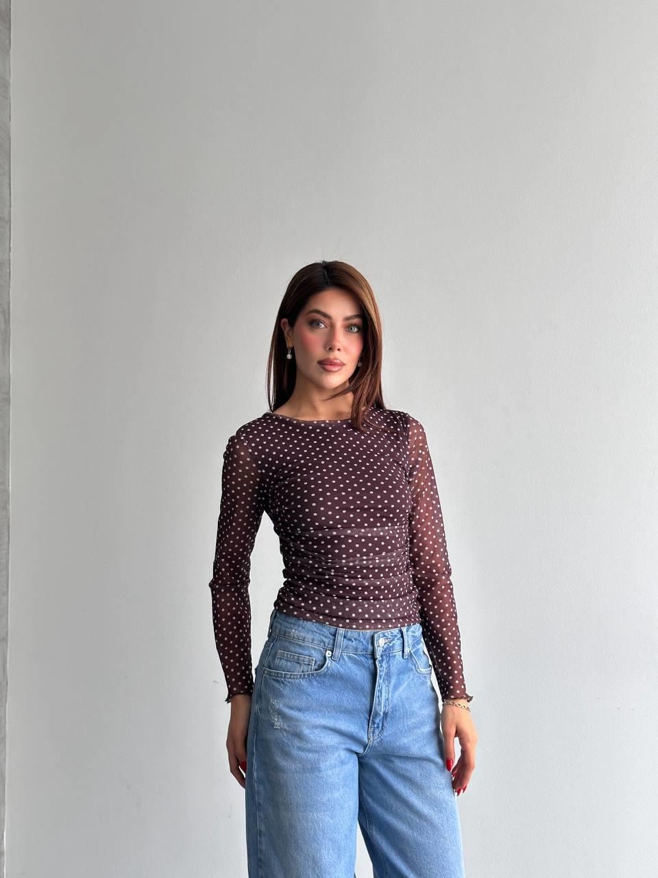 Beli Büzgülü Puantiyeli Bluz KAHVE