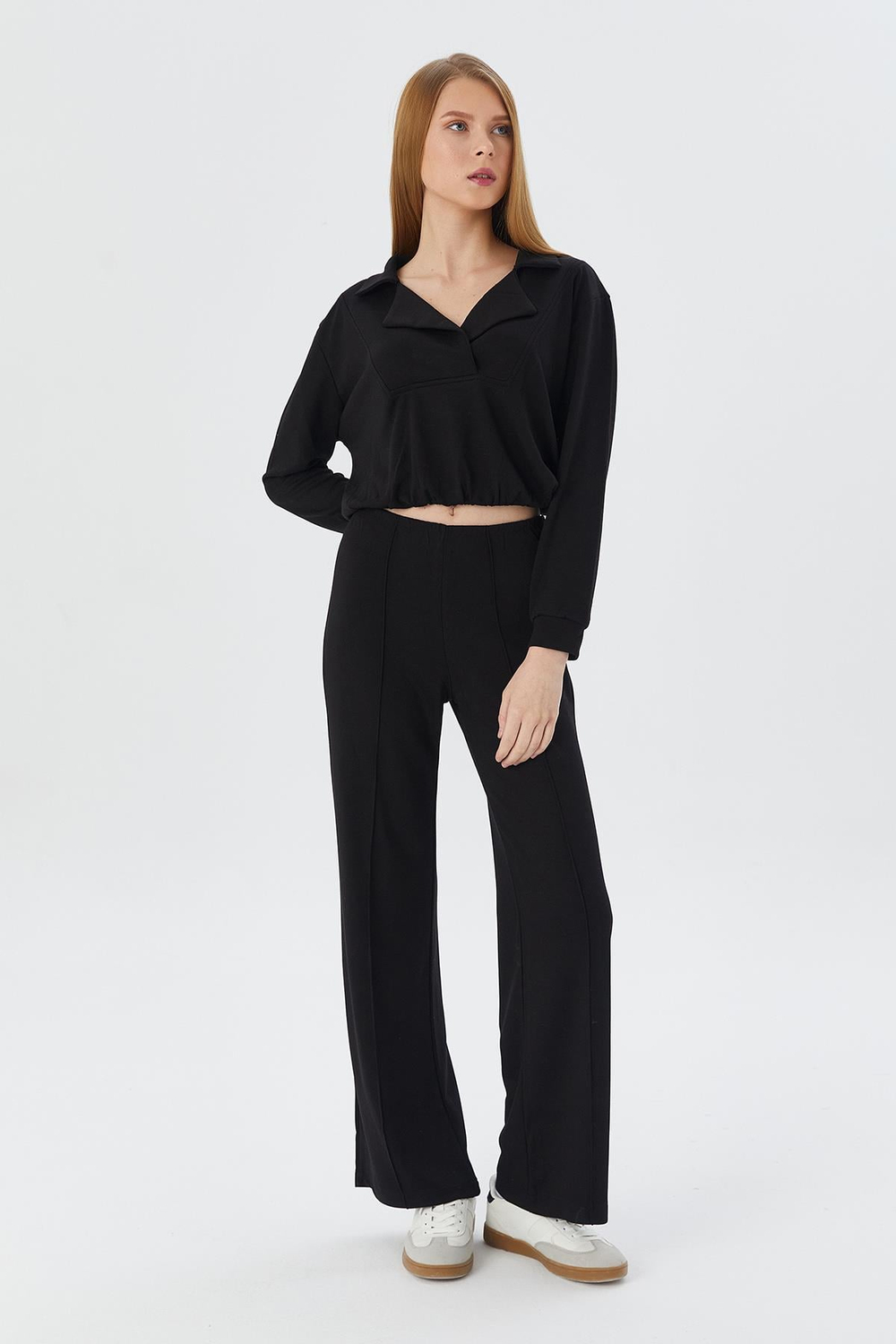 Beli Lastikli Crop Takım SIYAH
