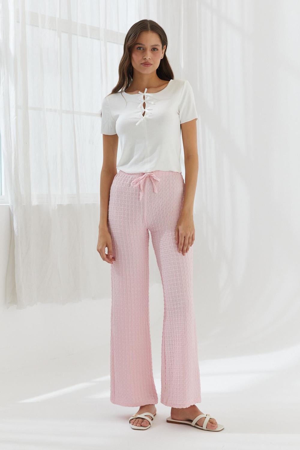 Beli Lastikli Gofre Pantolon PEMBE
