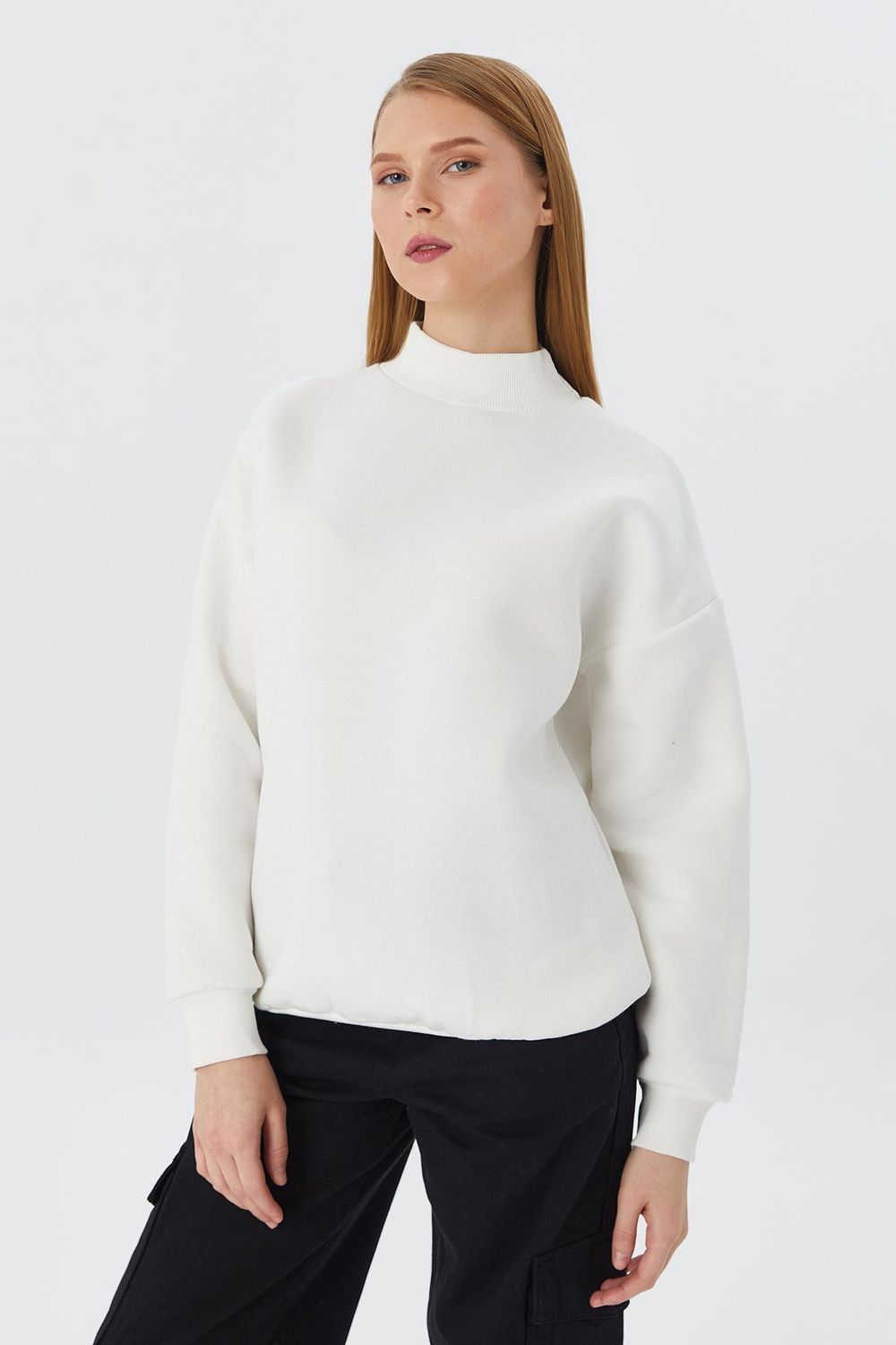 Bisiklet Yaka Sweatshirt BEYAZ