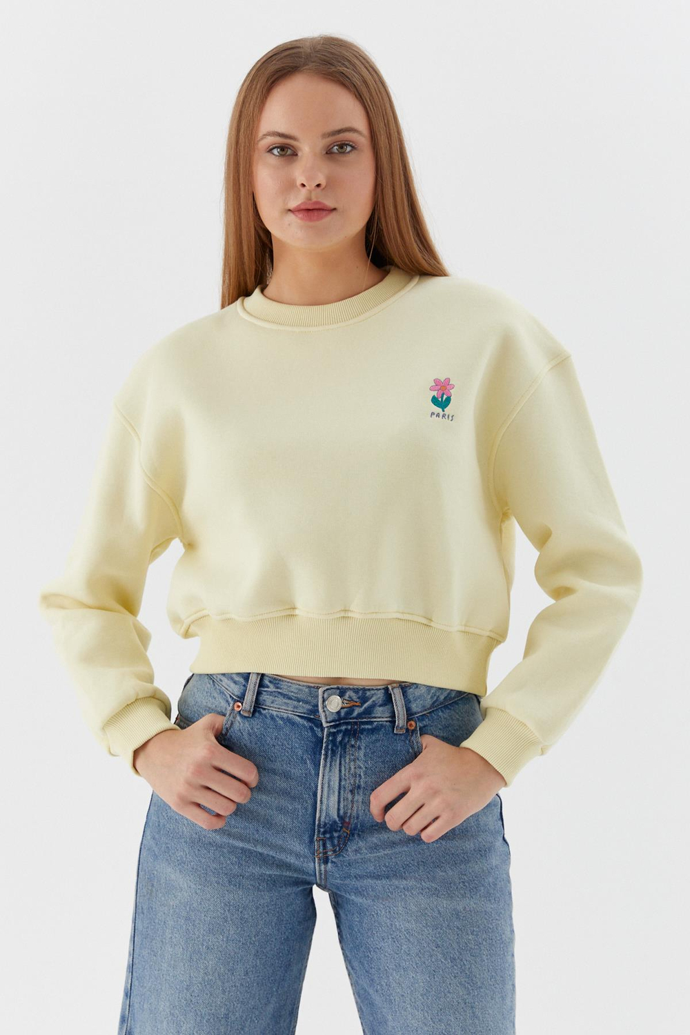 Çiçek İşleme Detaylı Crop Sweatshirt SARI