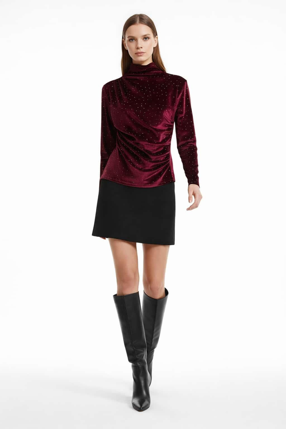 Drape Yaka Taşlı Kadife Bluz BORDO