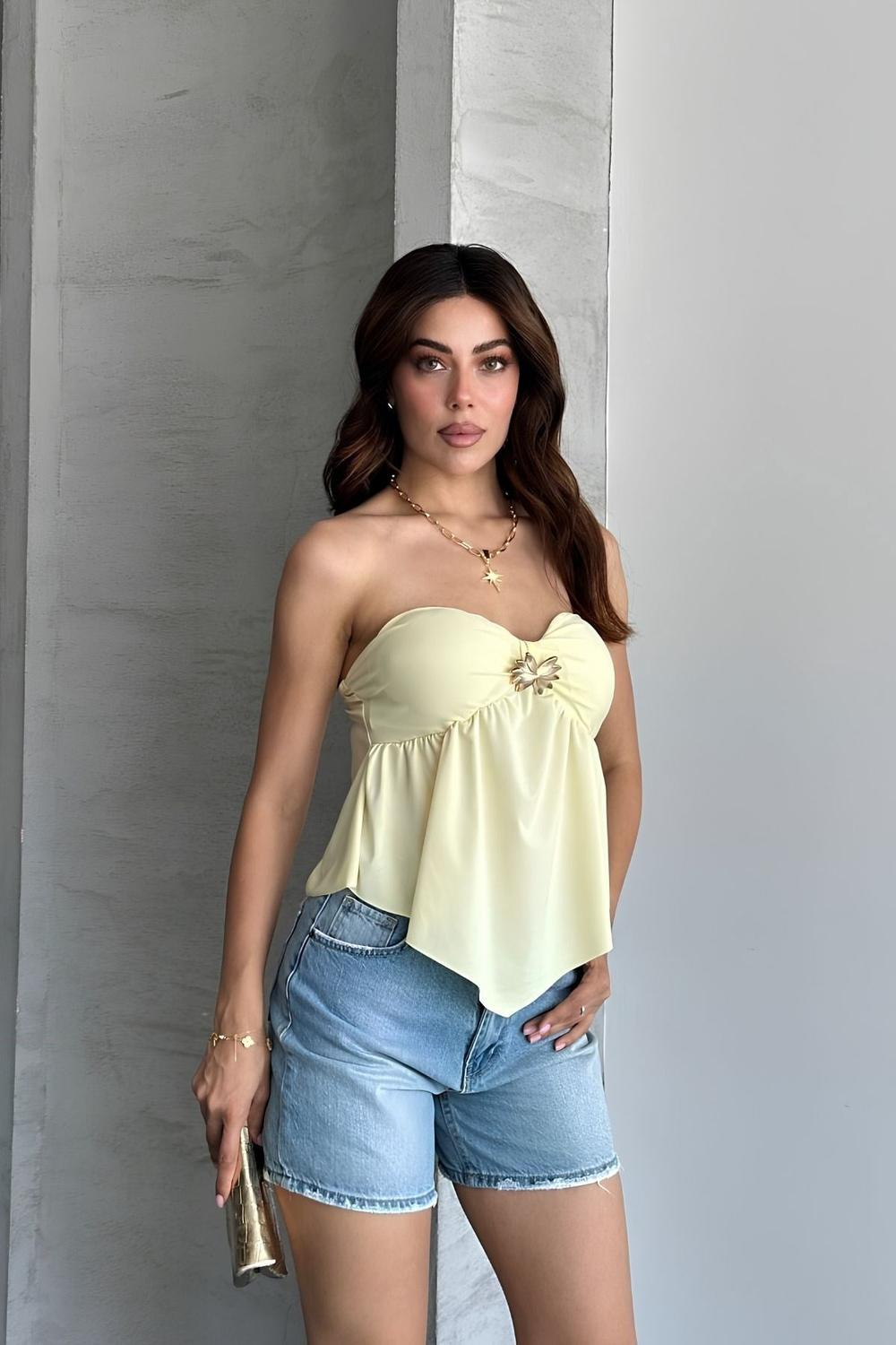 Gloplu Straplez Tokalı Crop Top SARI