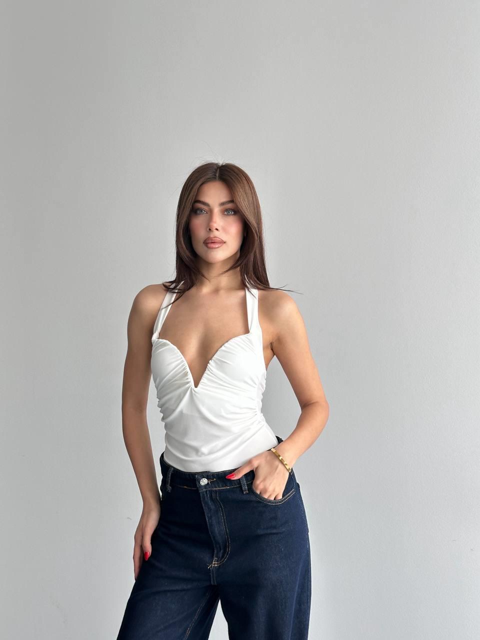 Göğsü Oval Demir Bodysuit BEYAZ