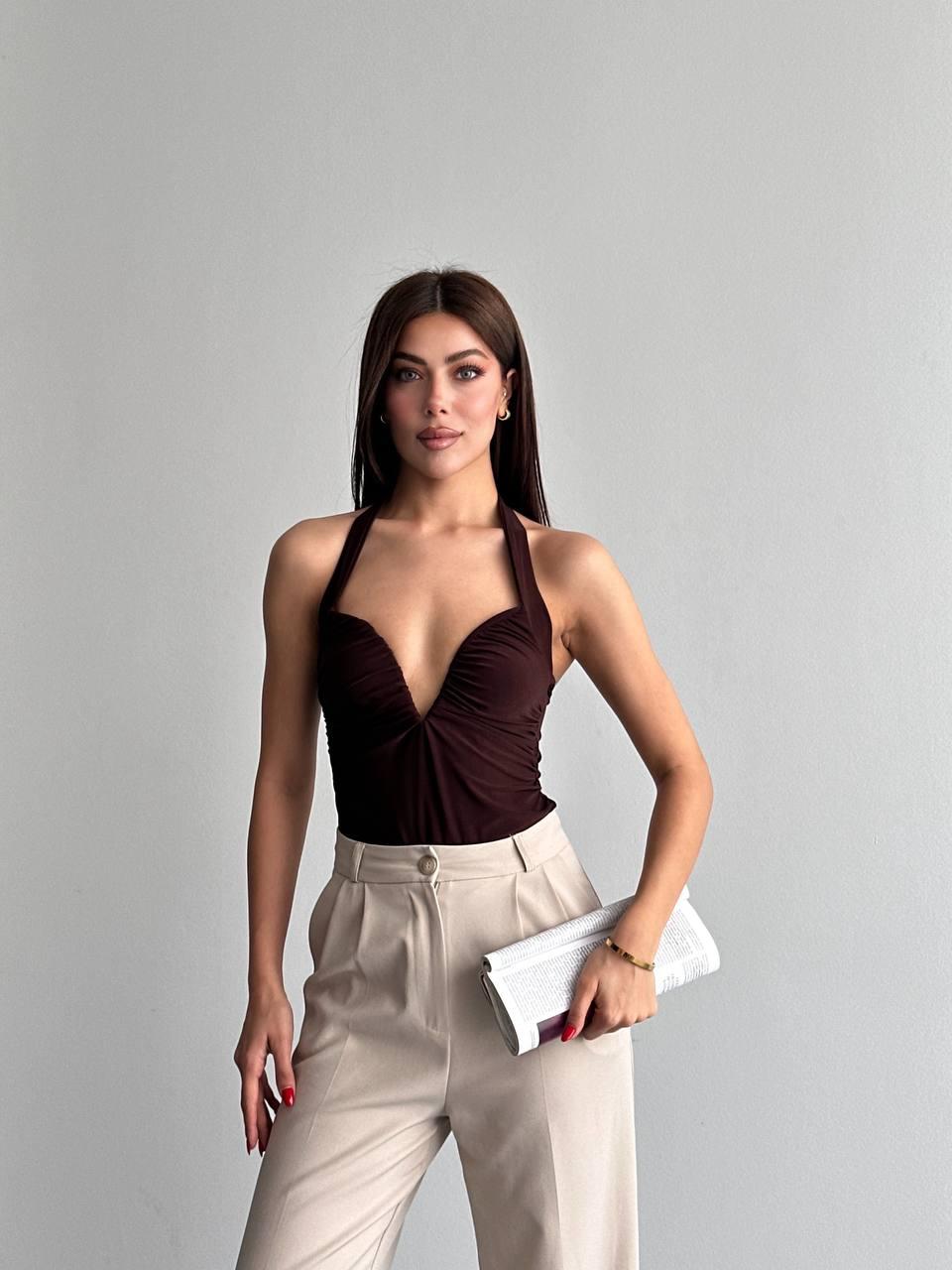 Göğsü Oval Demir Bodysuit KAHVE