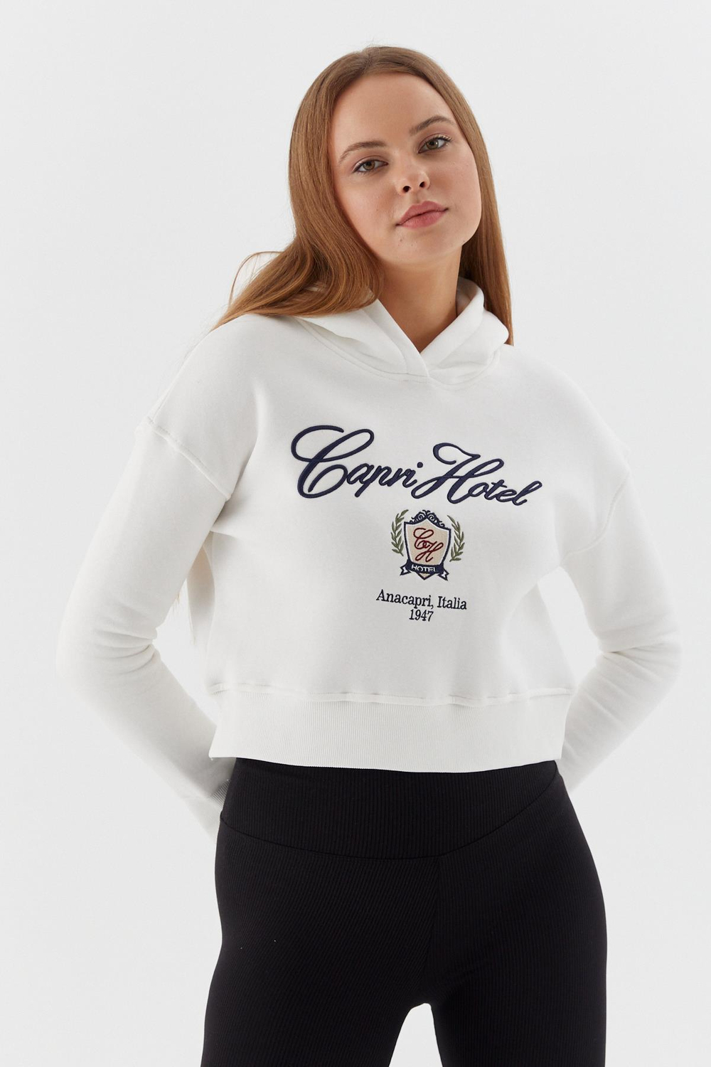 Kapüşonlu Kısa Sweatshirt EKRU