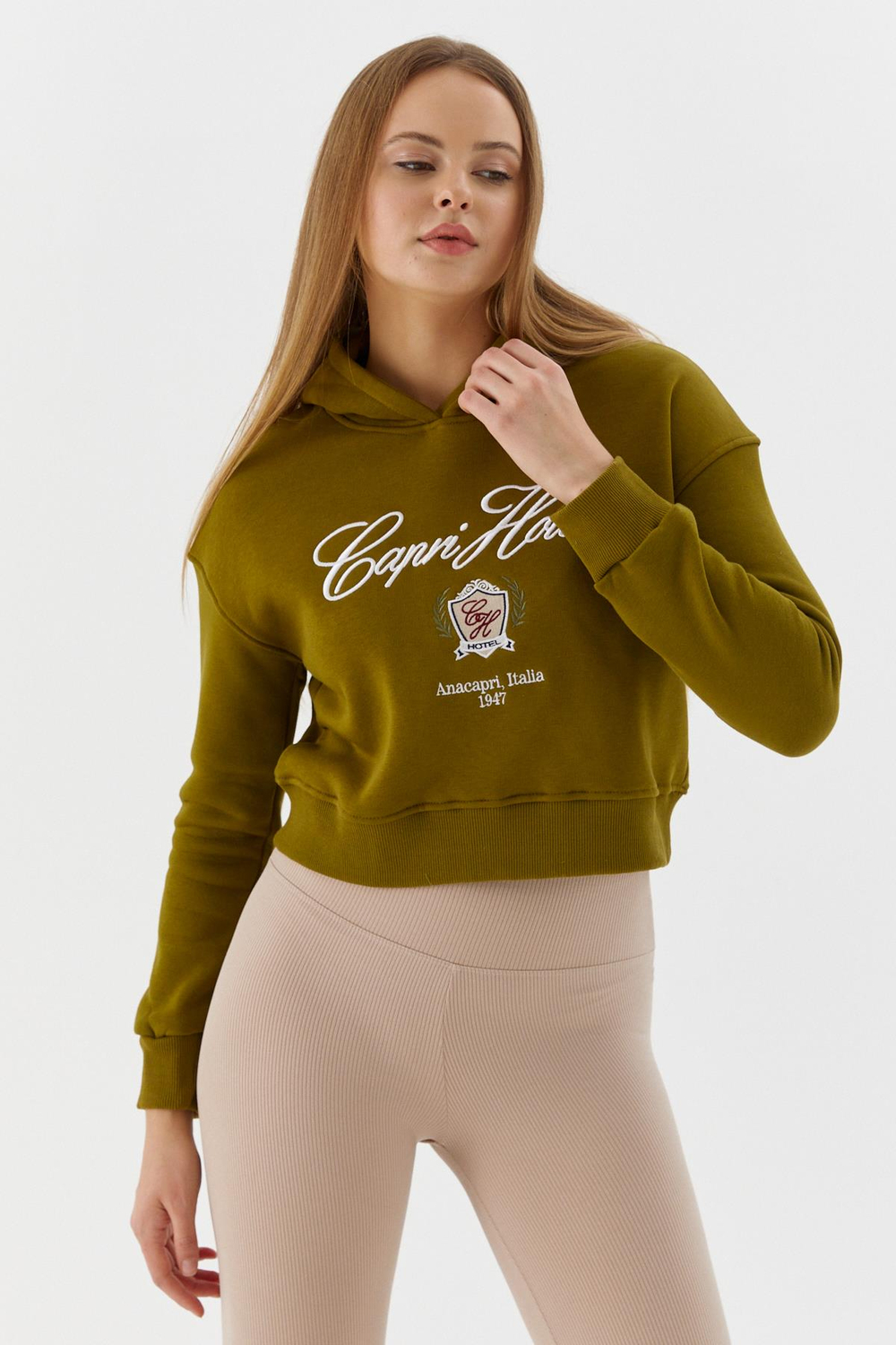 Kapüşonlu Kısa Sweatshirt OLIVE