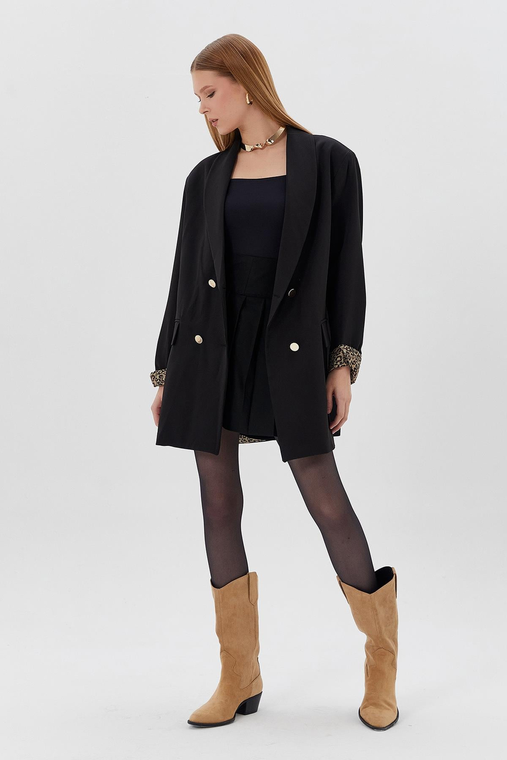 Kol Ağzı Leopar Detaylı Blazer Ceket SIYAH