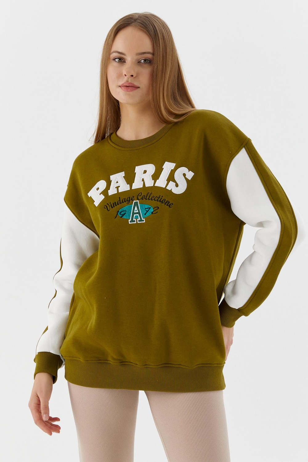 Kolları Şerit Detaylı Oversize Sweatshirt OLIVE