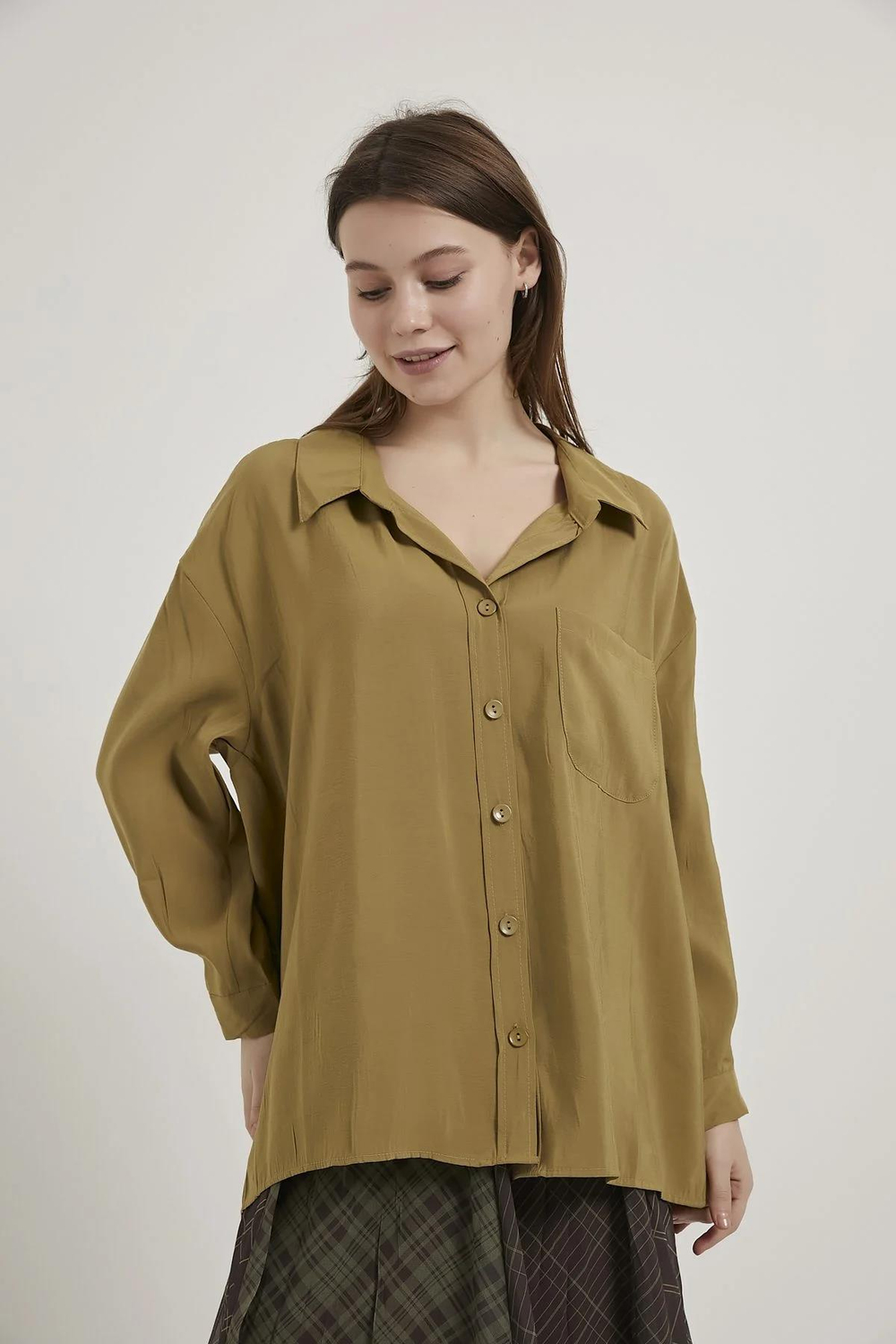 Modal Kumaş Açık Yaka Oversize Gömlek OLIVE
