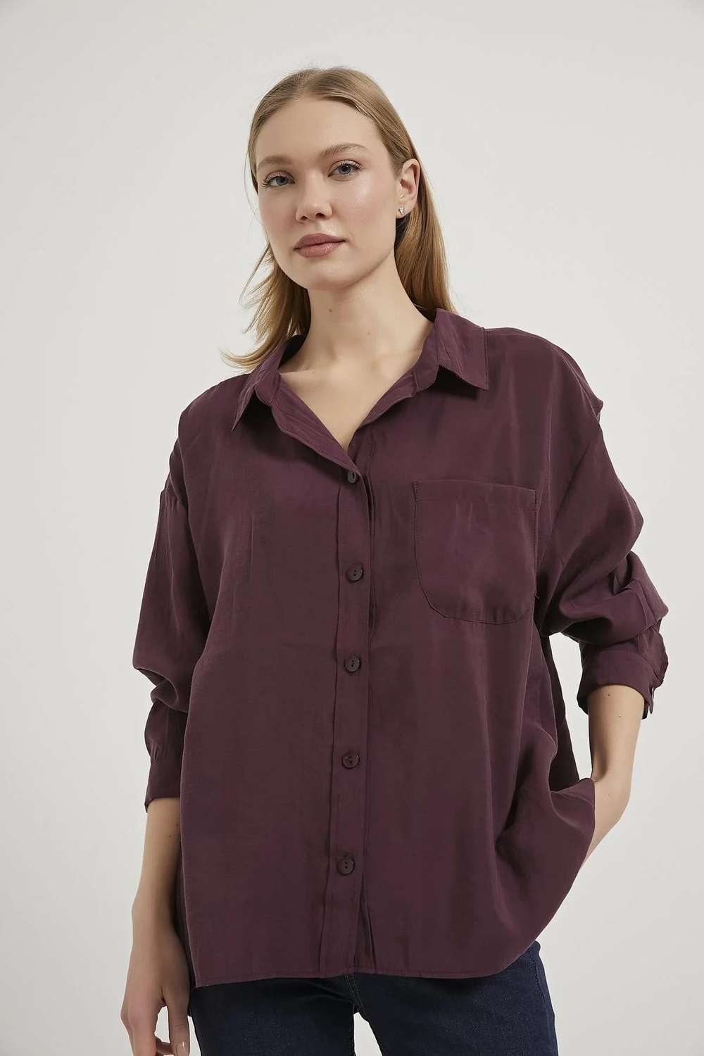 Modal Kumaş Açık Yaka Oversize Gömlek BORDO