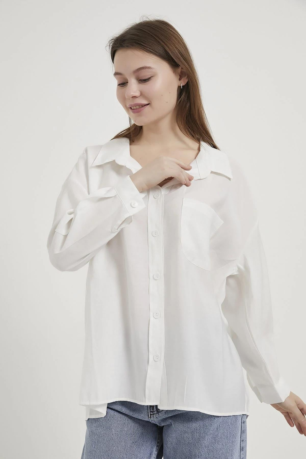 Modal Kumaş Açık Yaka Oversize Gömlek EKRU