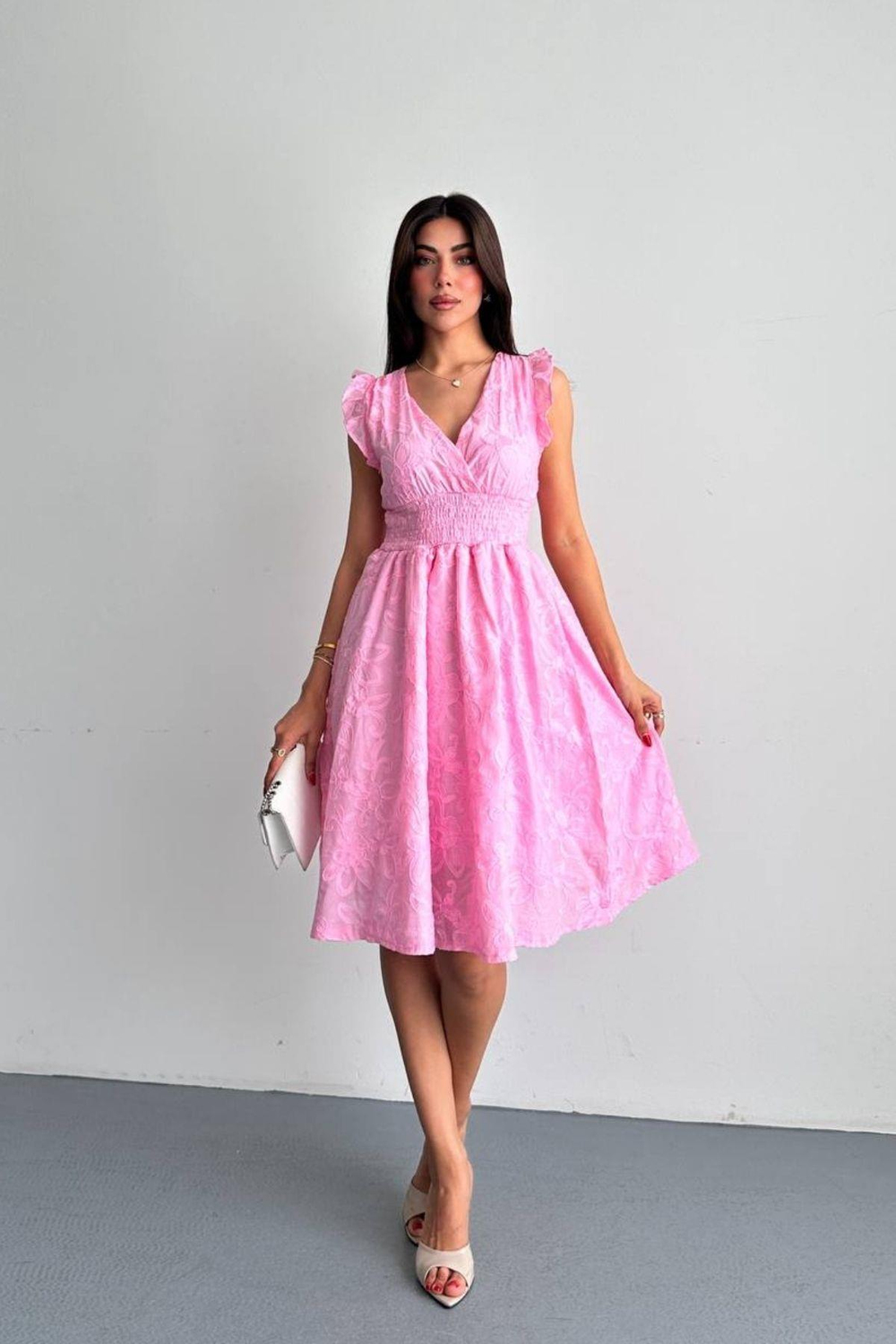 Nakışlı Midi Boy Elbise PEMBE