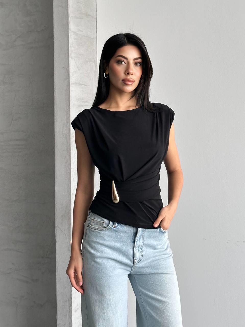 Omzu Tokalı Beli Toka Bluz SIYAH