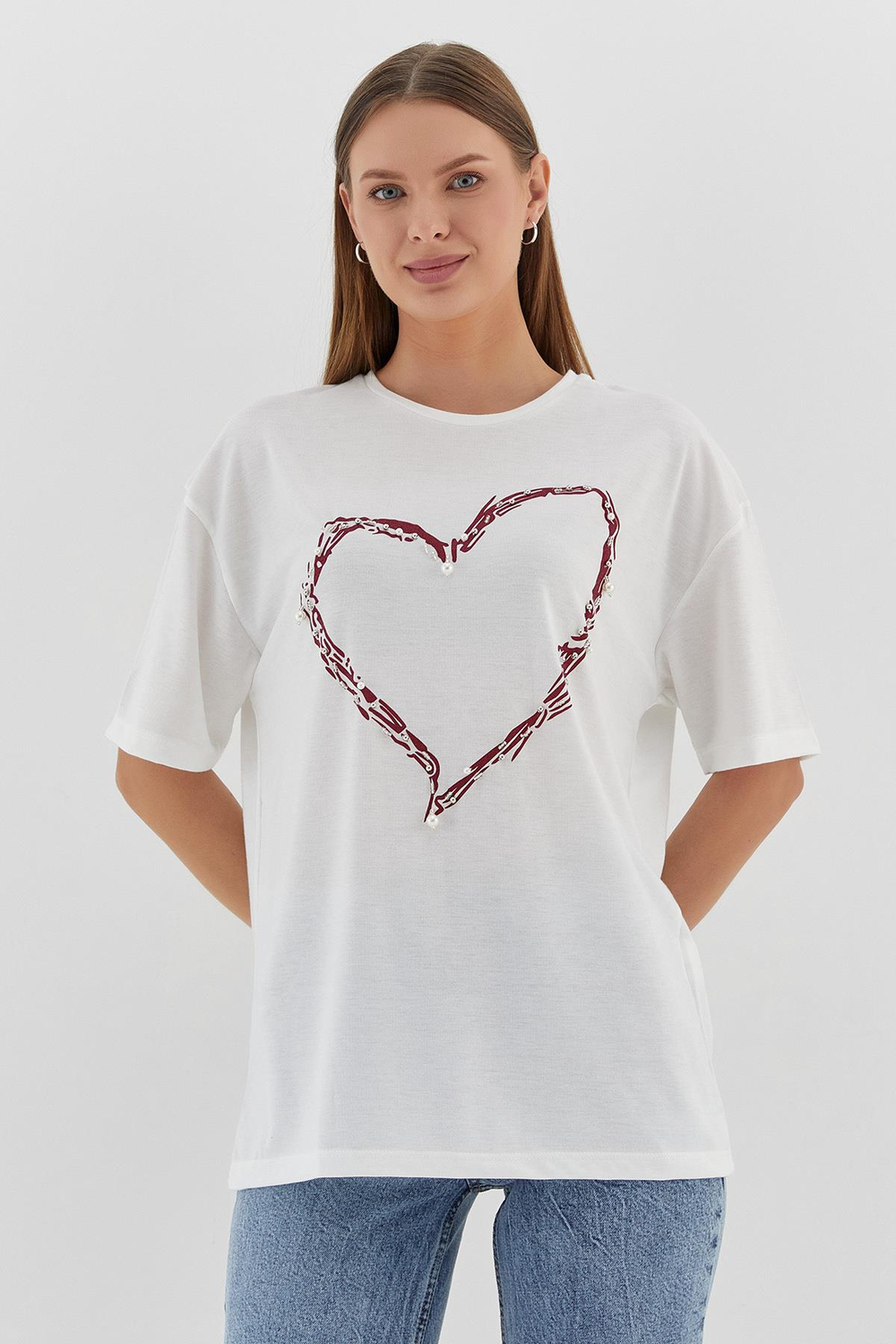 Oversize Kalp Baskılı T-shirt BORDO