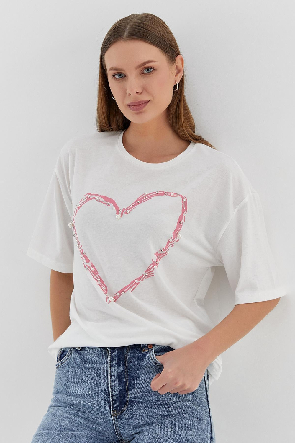 Oversize Kalp Baskılı T-shirt PEMBE