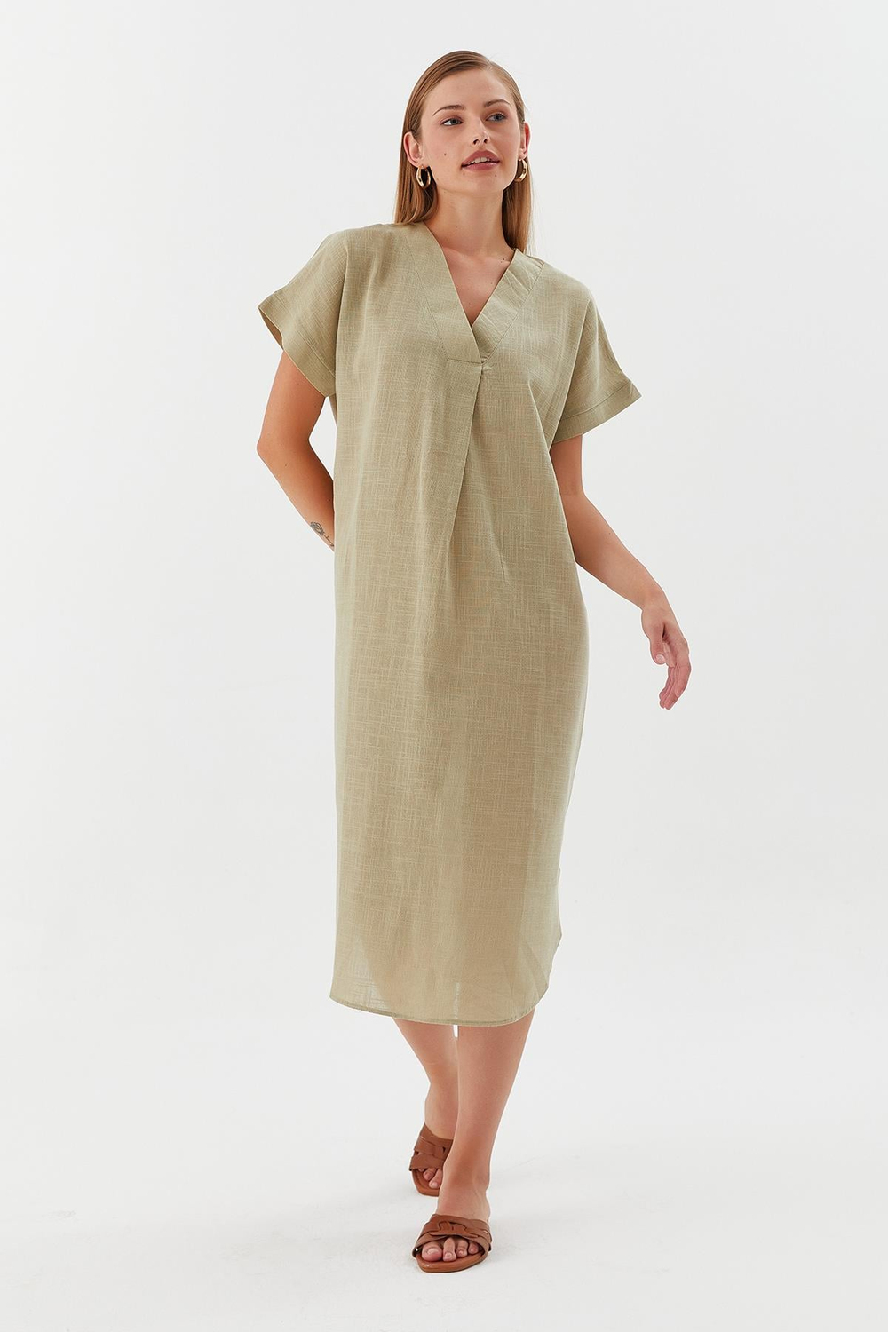 Oversize Keten Elbise HAKI