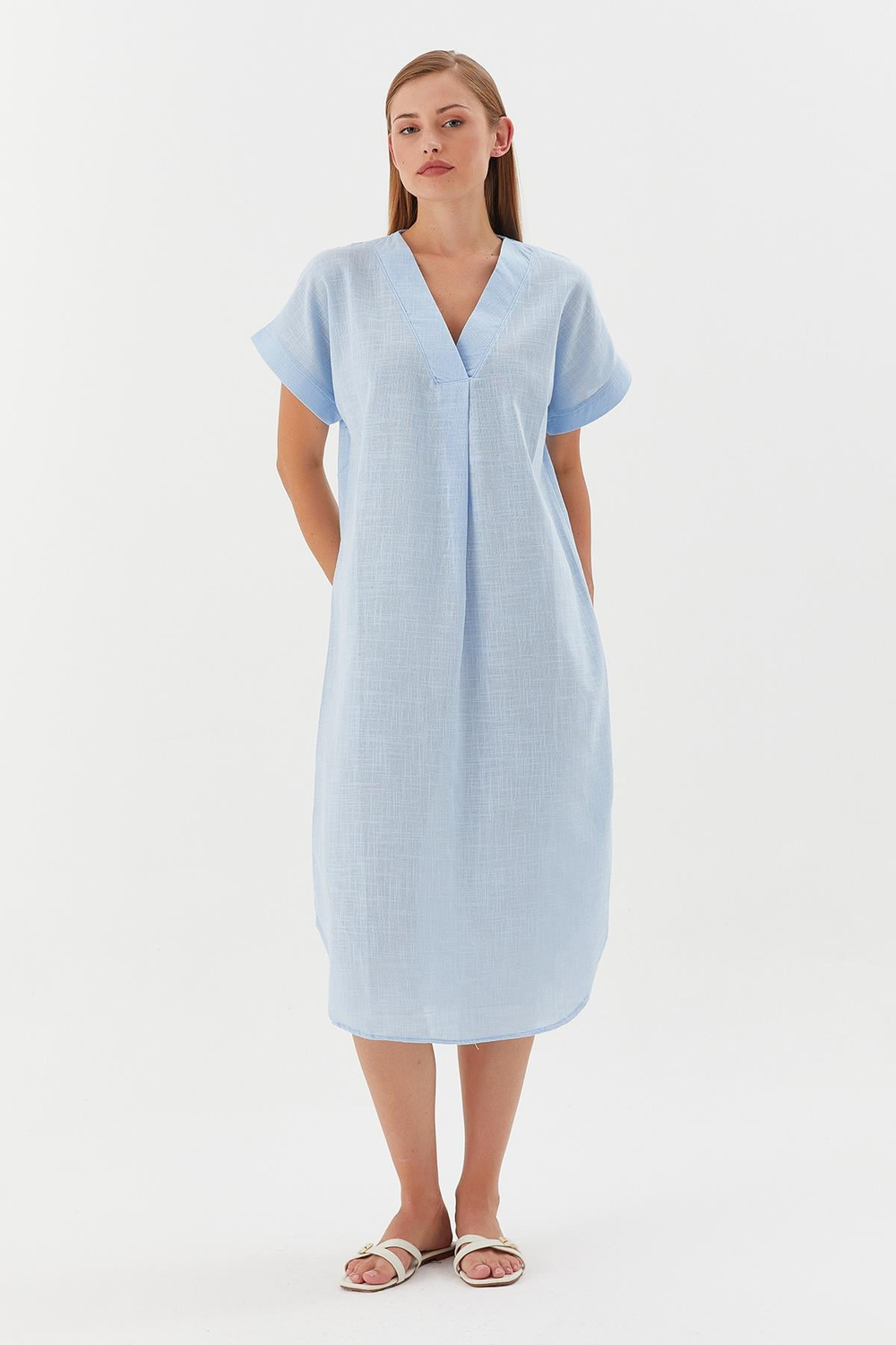 Oversize Keten Elbise MAVI