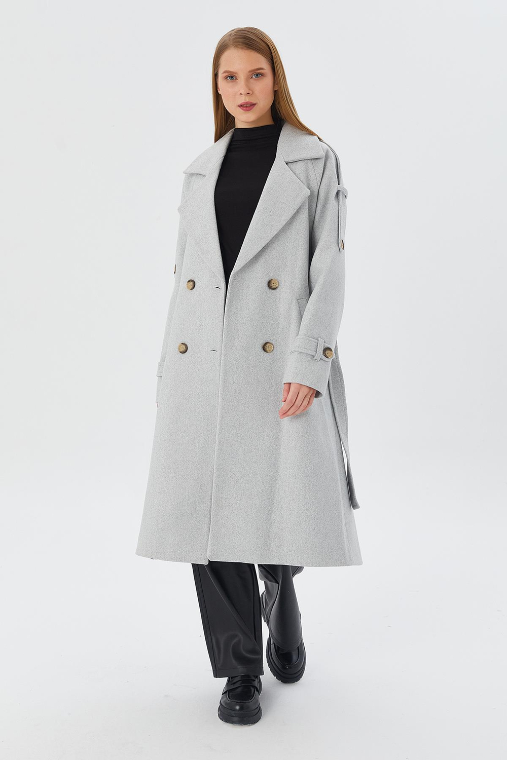 Oversize Kuşaklı Kaşe Kaban GRI