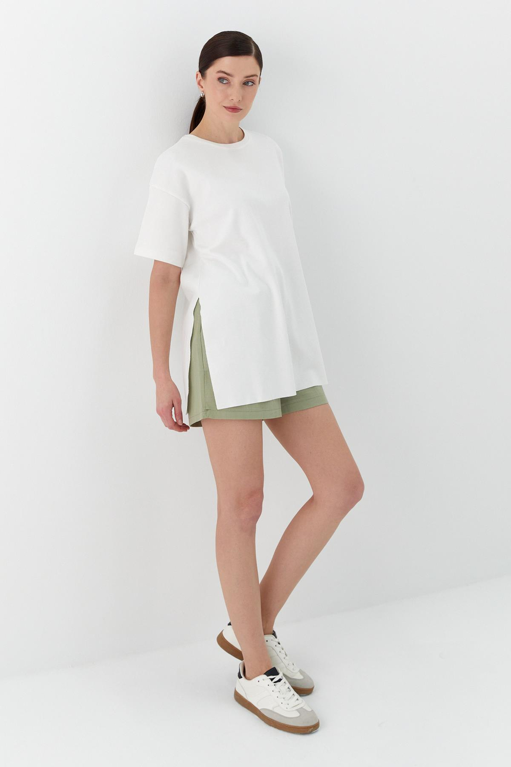 Oversize Yırtmaçlı Tshirt EKRU