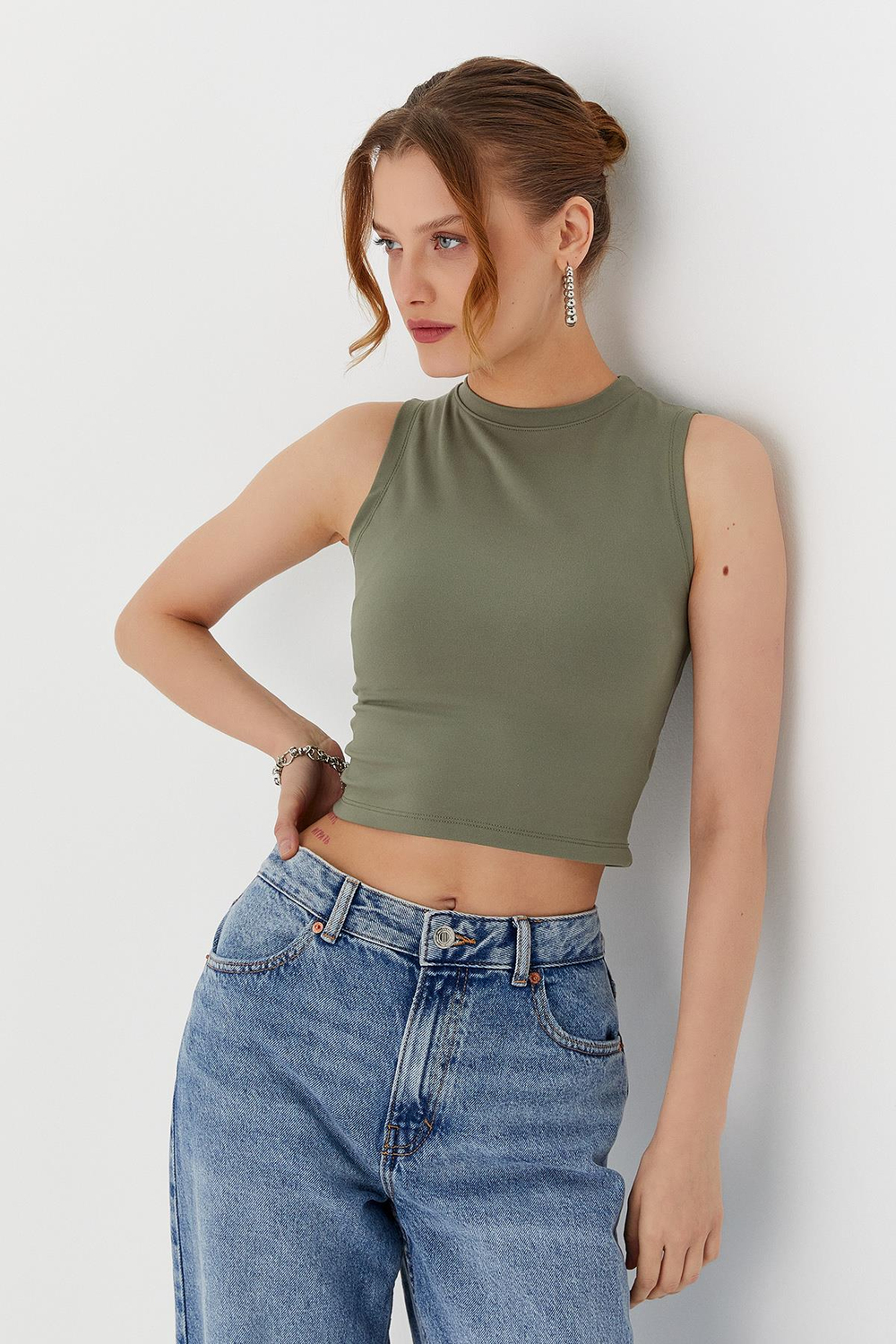 Sıfır Kol Crop Bluz HAKI