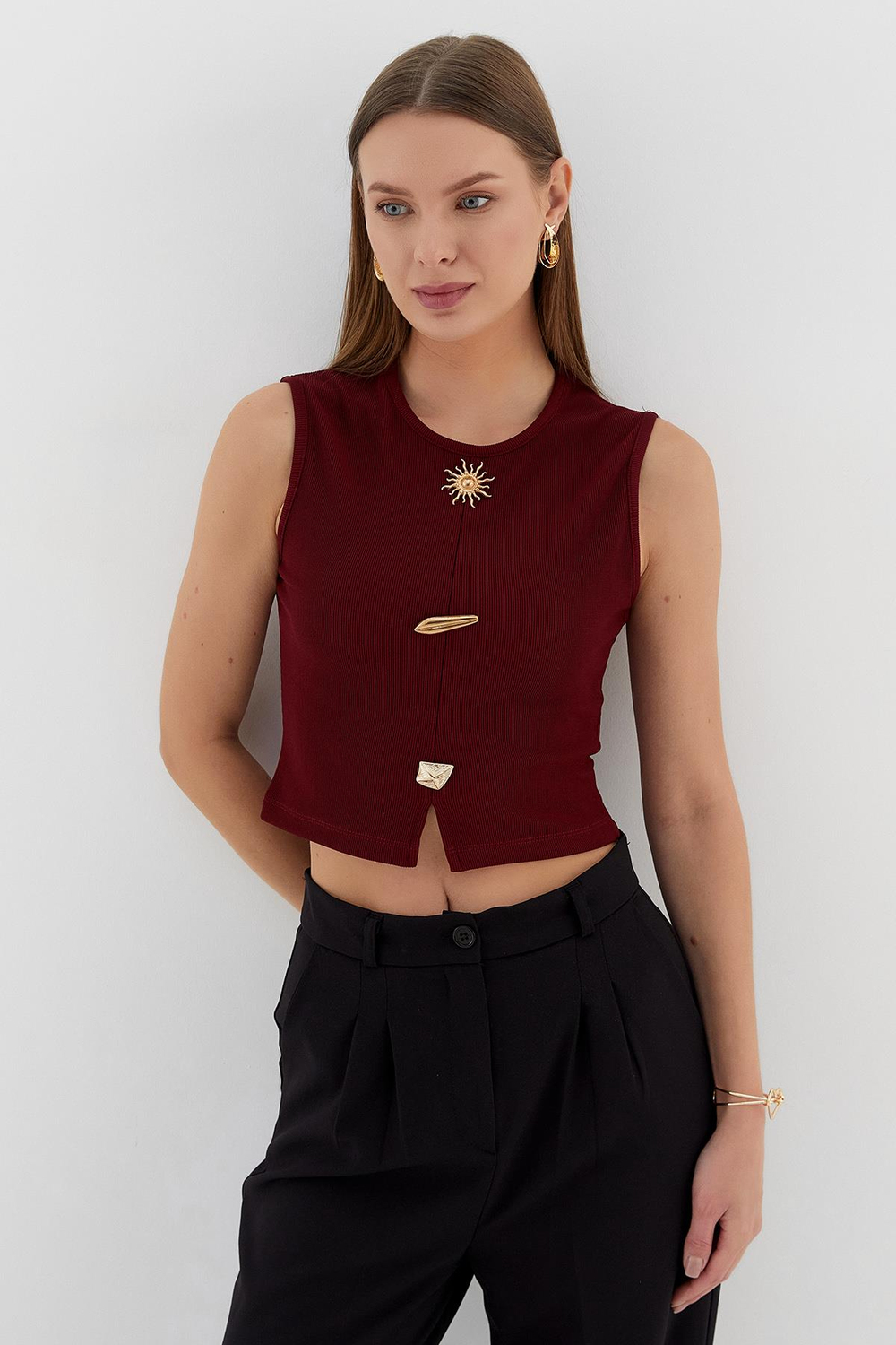 Tasarım Düğmeli Crop Bluz BORDO