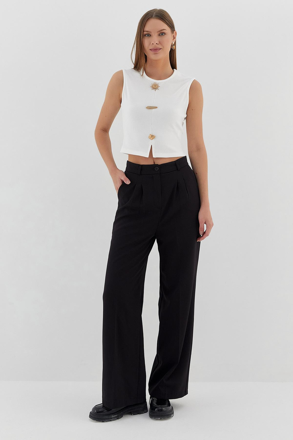 Tasarım Düğmeli Crop Bluz EKRU