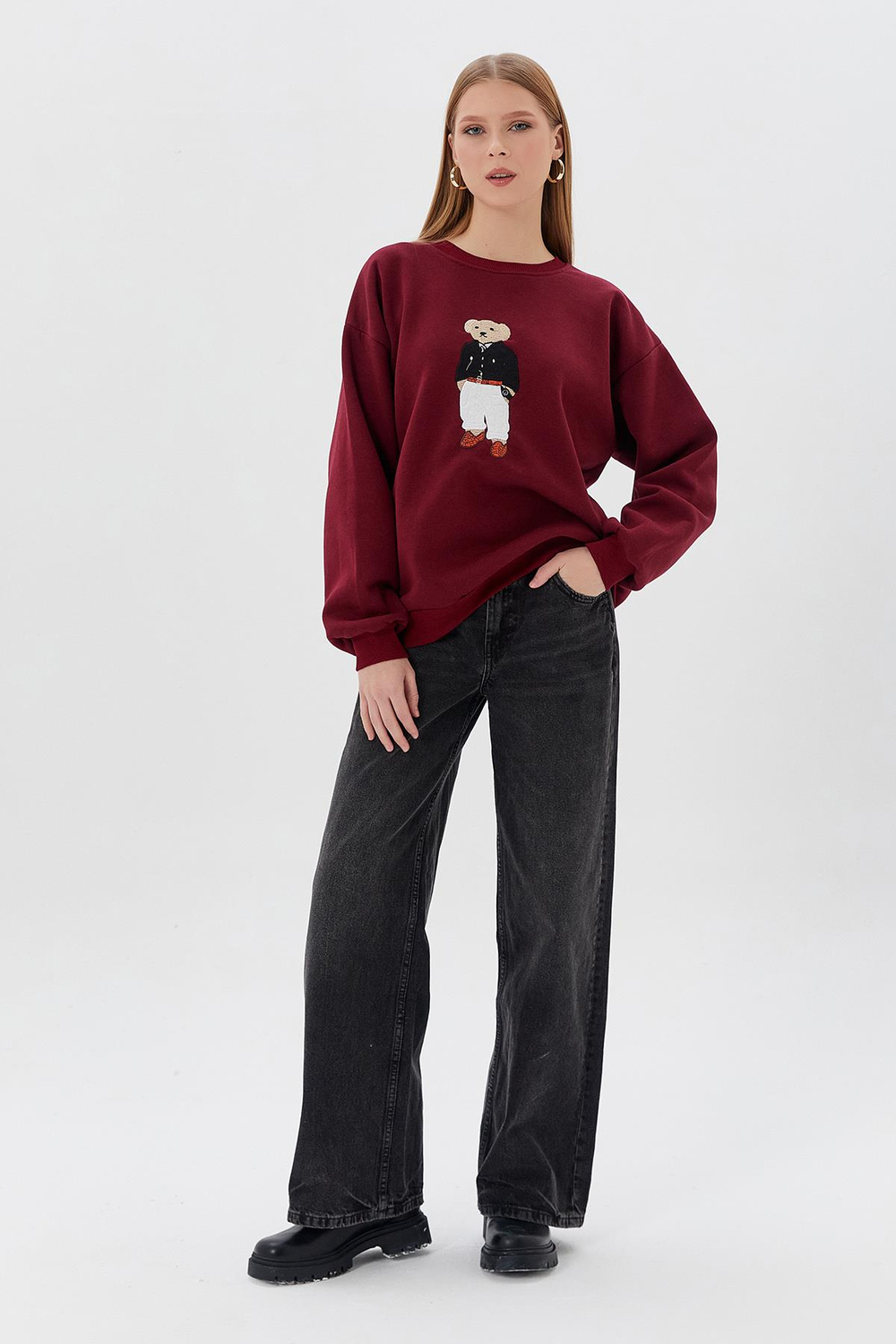 Teddy Baskılı  Sweatshirt BORDO