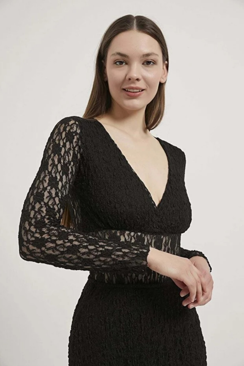 Uzun Kollu Dantel Bodysuit SIYAH