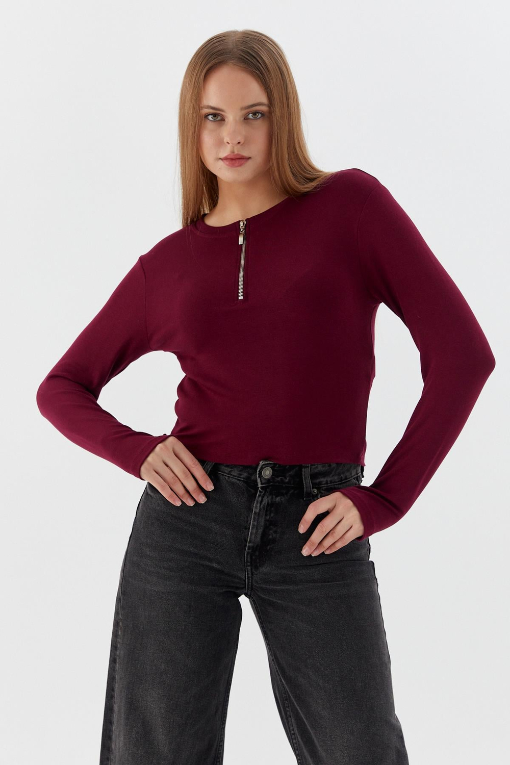 Yakası Fermuarlı Penye Body BORDO