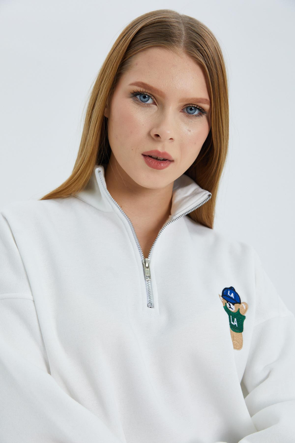 Yakası Fermuarlı Sweatshirt EKRU