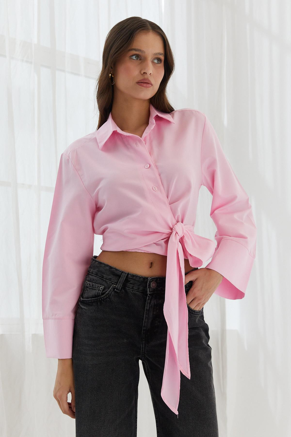 Yan Bağlamalı Crop Gömlek PEMBE