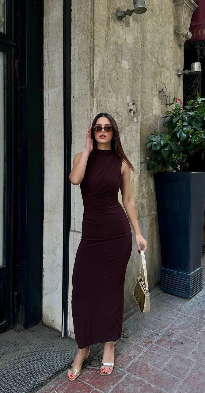 Yırtmaçlı Sandy Elbise KAHVE