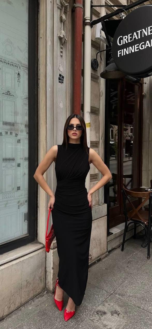 Yırtmaçlı Sandy Elbise SIYAH