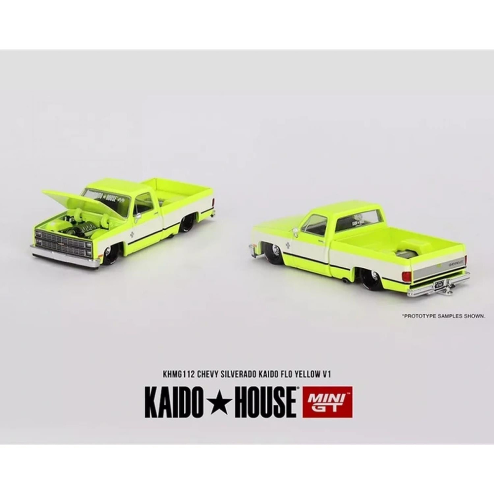 Mini GT 1/64 KaidoHouse Chevrolet Silverado KAIDO Flo Yellow V1 KHMG112
